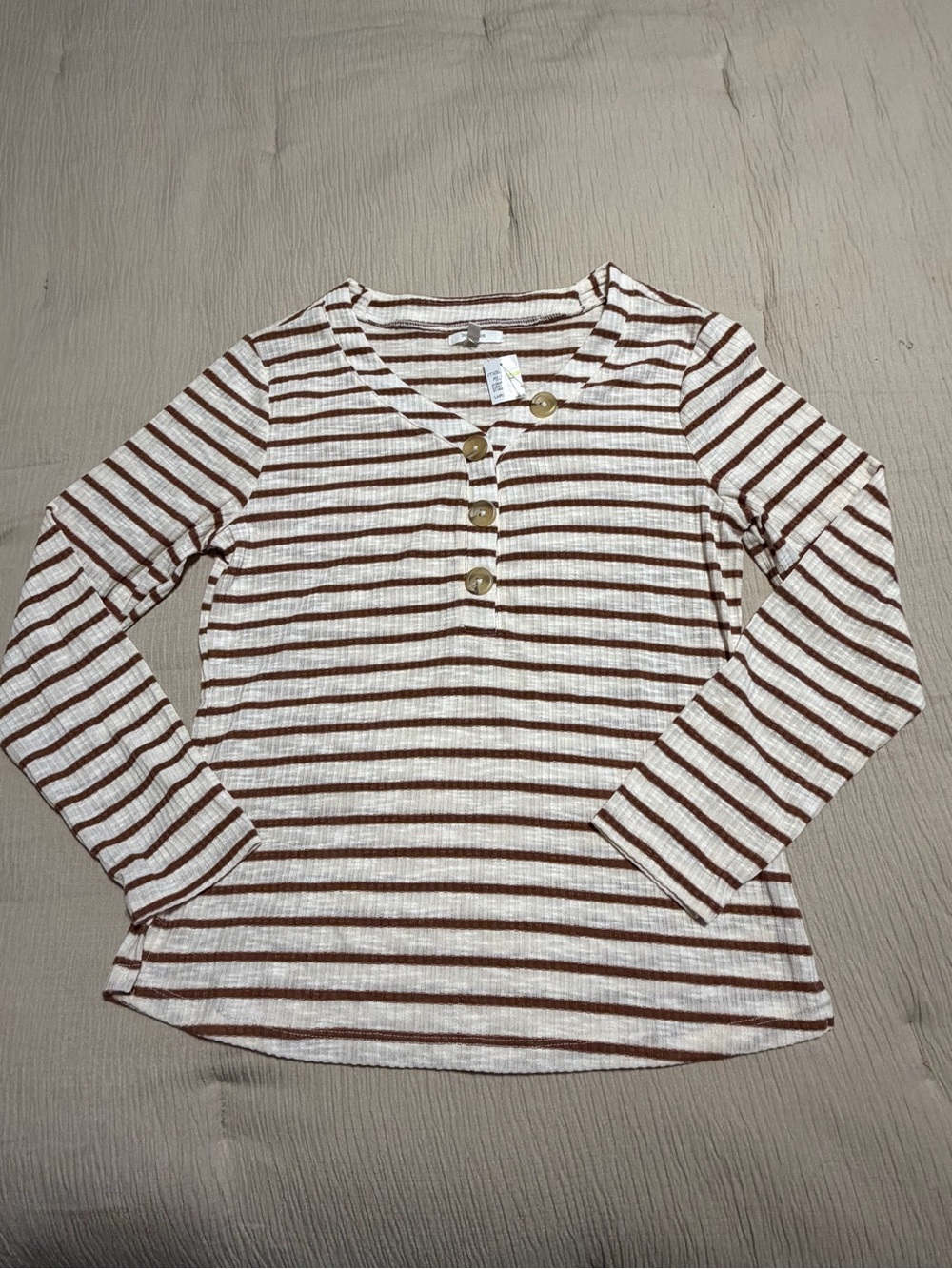 Maurices White and Brown Striped Long Sleeve Henley Top